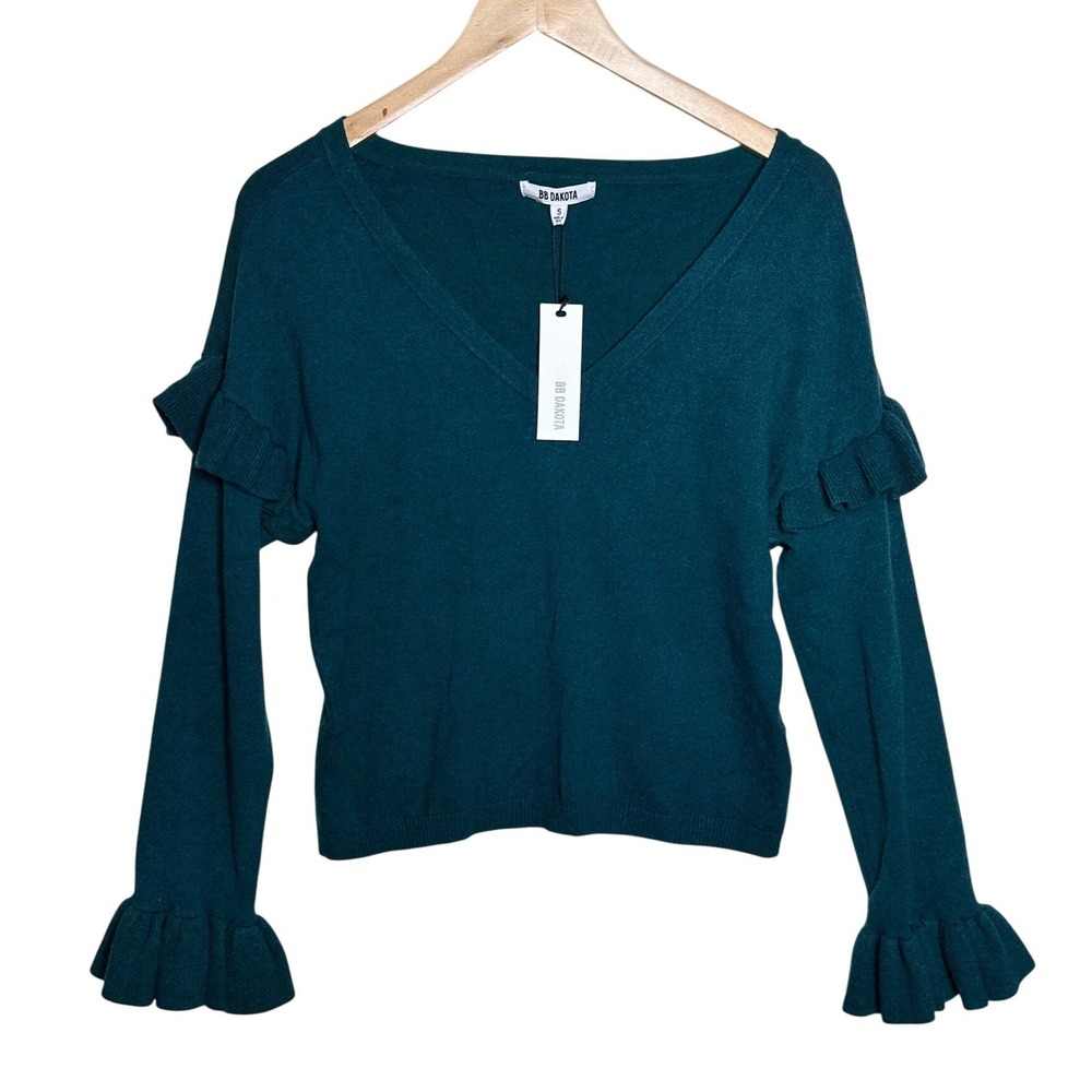 NWT BB Dakota V-neck Ruffle Sleeve Sweater size Small Teal Blue
